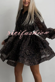 Leopard Print Chiffon Balloon Sleeves Tie Waist Mini Dress