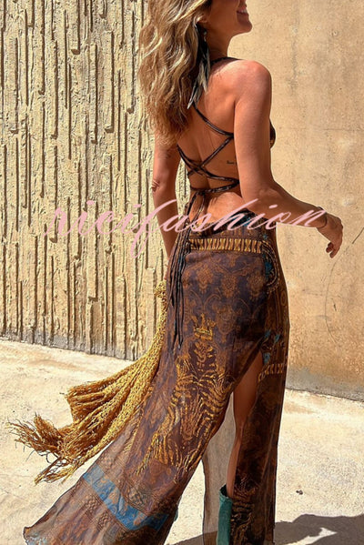 Gypsy Style Unique Print Cowl Neck Back Lace-up Slit Midi Dress