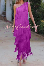 Stylish Fringed One Shoulder Asymmetric Midi Dress