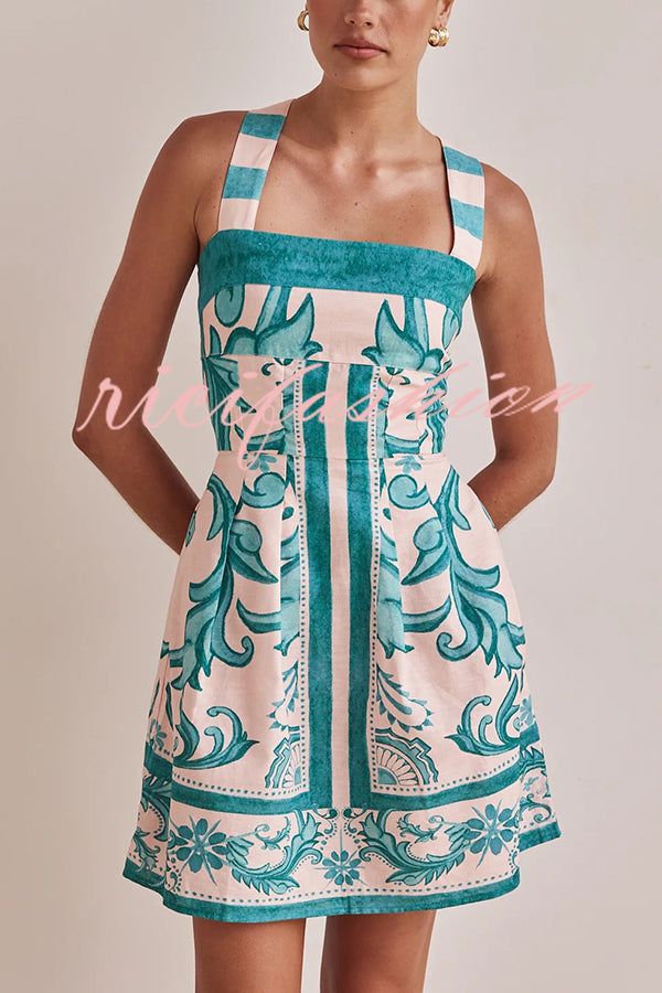 Channeling Summer Linen Blend Unique Print Wide Strap Pocketed Mini Dress