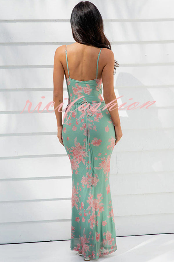 Sexy Slim-fitting Lace-up Printed Suspender Maxi Dress