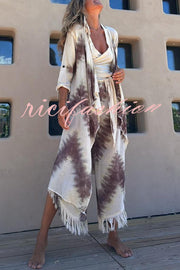 Kailani Linen Blend Tie-dye Print Irregular Hem Duster Kimono