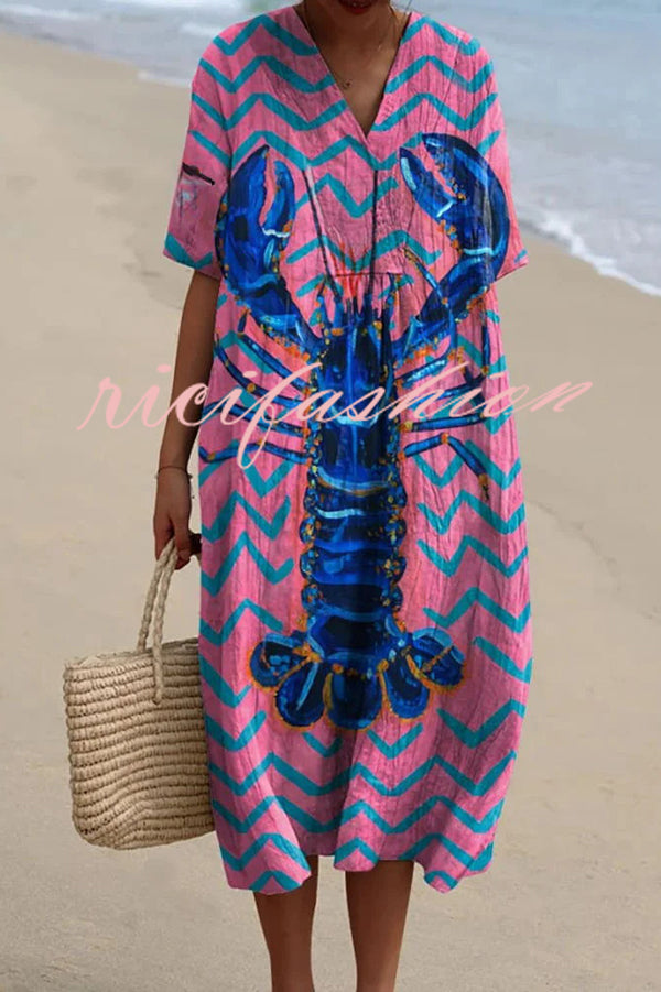 Unique Marine Print V-neck Short-sleeved Midi Dress