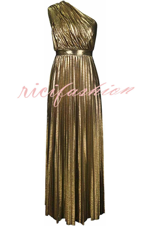 Be My Guest Metallic Fabric Pleated One Shoulder Maxi Dress