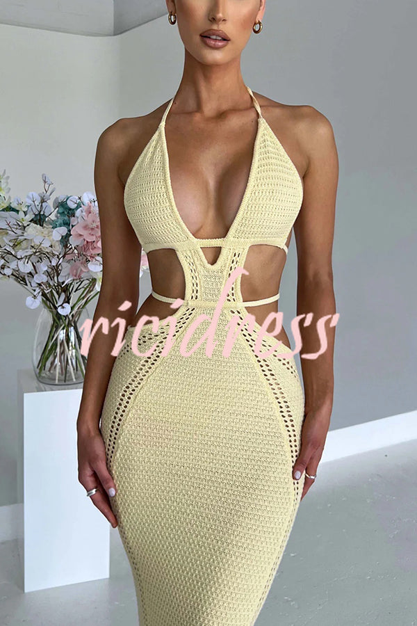 Effortlessly Cool and Sexy Knit Crochet Cutout Halter Tie-up Stretch Maxi Dress