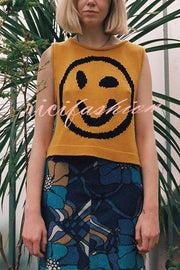 Always Happy Face Knit Unique Pattern Versatile Loose Tank Top