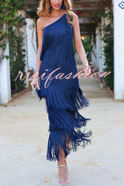 Stylish Fringed One Shoulder Asymmetric Midi Dress