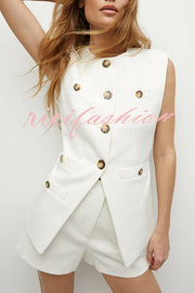 Impeccable Textured Fabric Button Up Princess Seams Vest Top