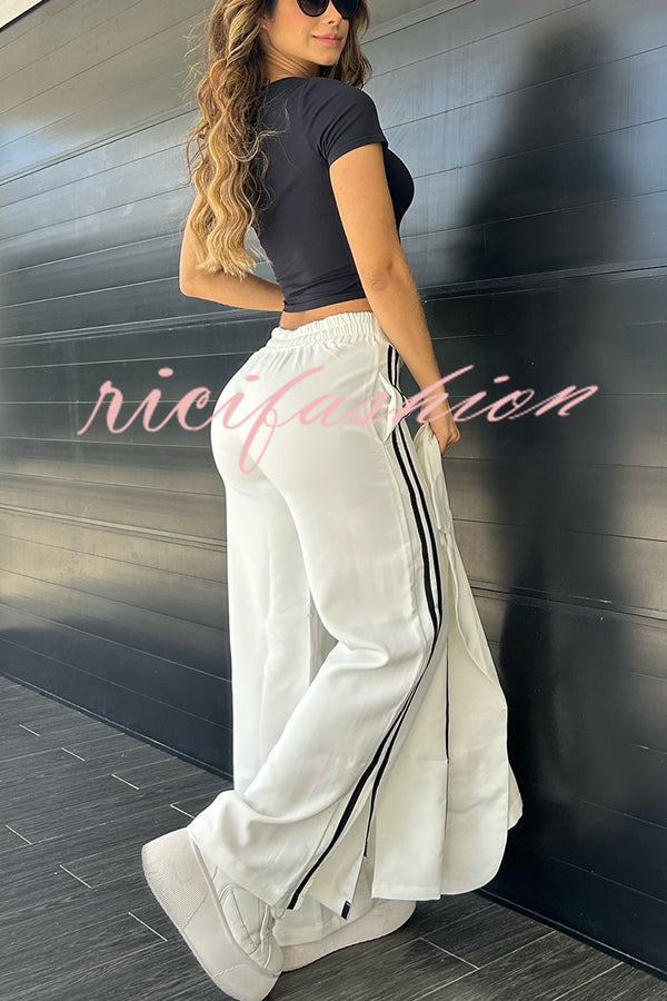 Sporty Mixed Formal Striped Trim Lapel Blazer and Elastic Waist Pocket Loose Pants Set