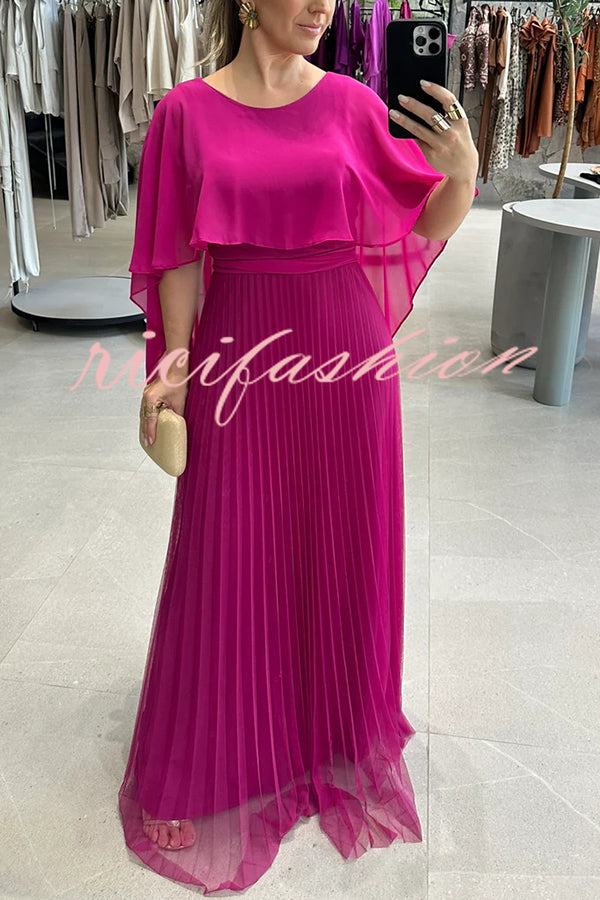 Ready for Holiday Cape Sleeve Tie-up Pleated Maxi Dress