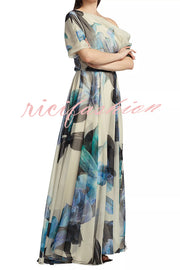 Unique Printed Bohemian Short-sleeved One-shoulder Maxi Dress