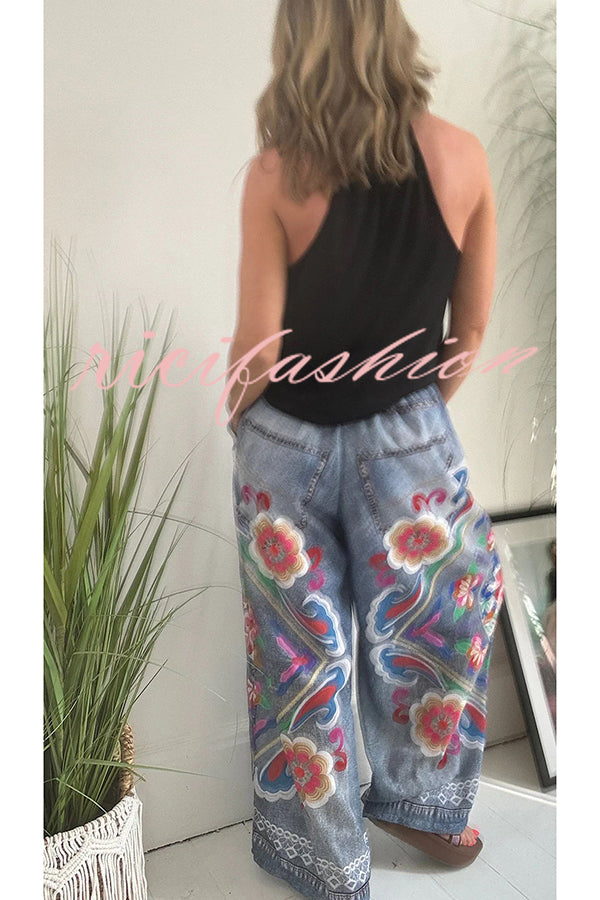 Hippie Style Unique Floral Denim Print Elastic Waist Pocketed Wide Leg Pants