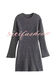 Beautiful Basic Ribbed Knit Long Slit Sleeve Flare Stretch Dress