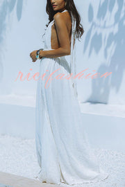 Summer Whispers Linen Blend Draped Braids Deep V-neck Halter Backless Cover Up Maxi Dress