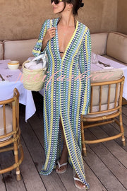 Bondi Beach Knit Colorful Wave Print Long Sleeve Vacation Maxi Dress