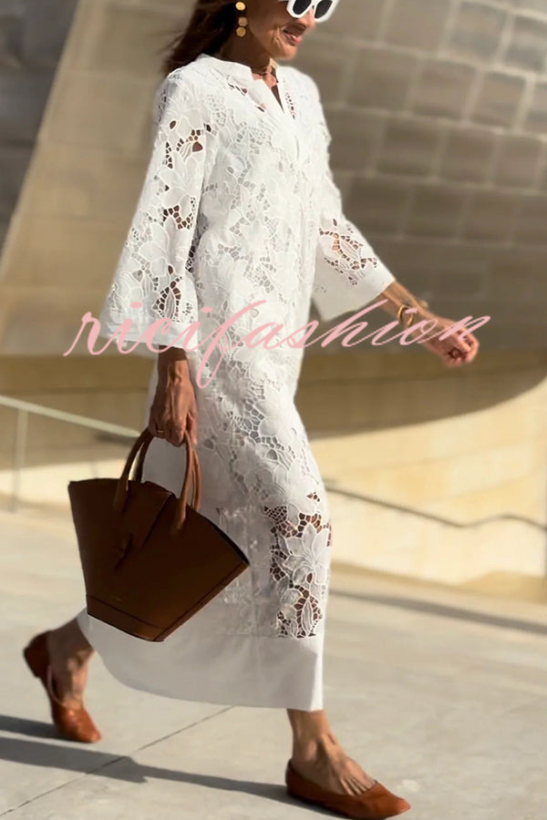 Confidence and Adventure Flower Lace V-neck Bell Sleeve Loose Midi Dress