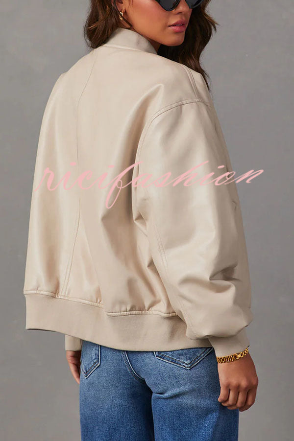 Solid Color Long Sleeve Loose Pocket Leather Jacket