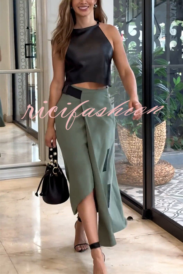 Stylish Cropped Sleeveless Top and Pockets Irregular Hem Skirt Set