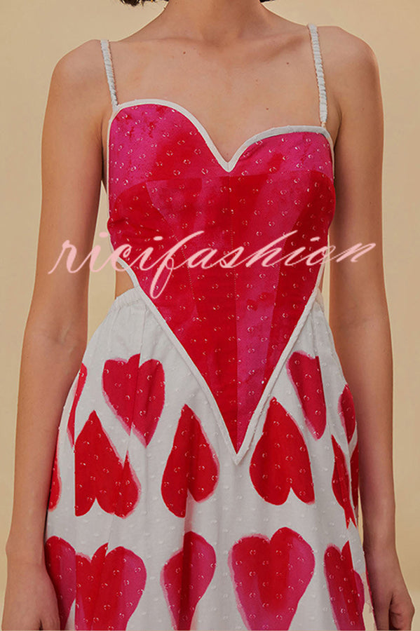 Full of Love Heart Shape Print Cutout Spaghetti Strap Backless Maxi Dress