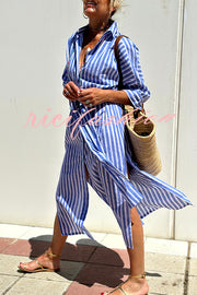 Summer Splendor Printed Button Half Sleeve Belt Loose Shirt Midi Dress