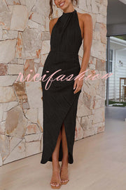 Zephyr Pleated Textured Fabric Halter Neck Backless Slit Maxi Dress