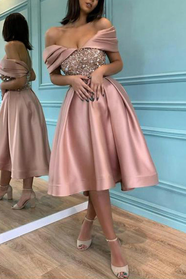 Elegant Banquet Off-shoulder Slim Fit Sequin Midi Dress