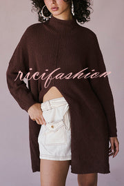 Solid Color Long Sleeve Slit Knitted Sweater