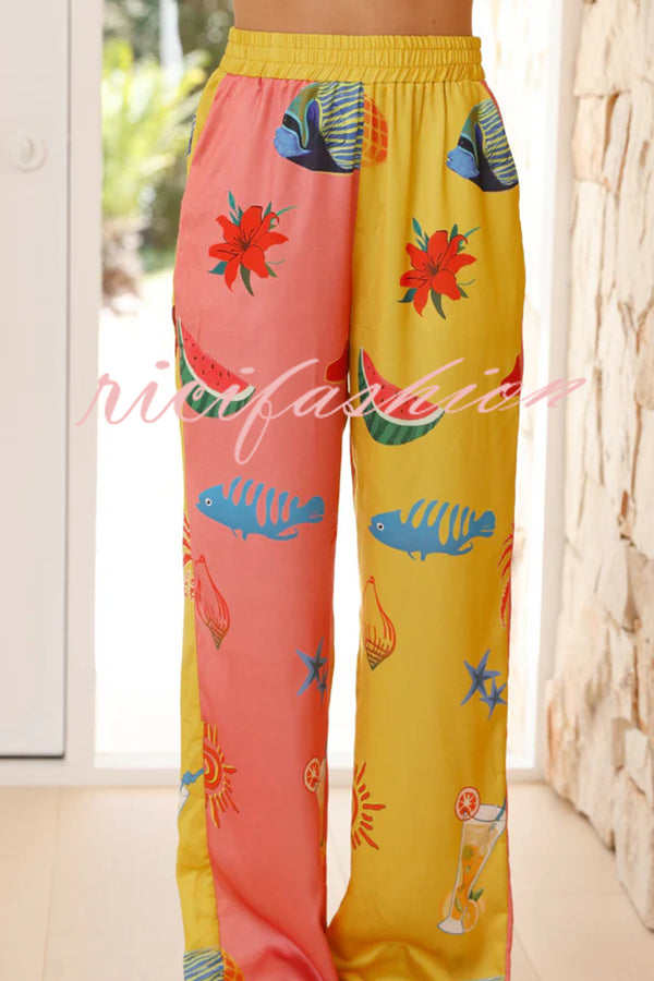 Unique Printed Long Sleeved Loose Shirt and Elastic Waist Pocket Pants Set