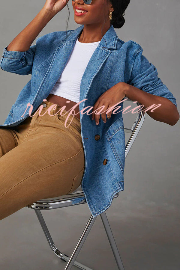 Breaking The Rules Denim Button Up Lapel Loose Blazer Jacket