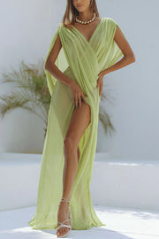 Enjoy Your Vacation Linen Blend Ruched Shoulder Drape Loose Cover Up Maxi Dress