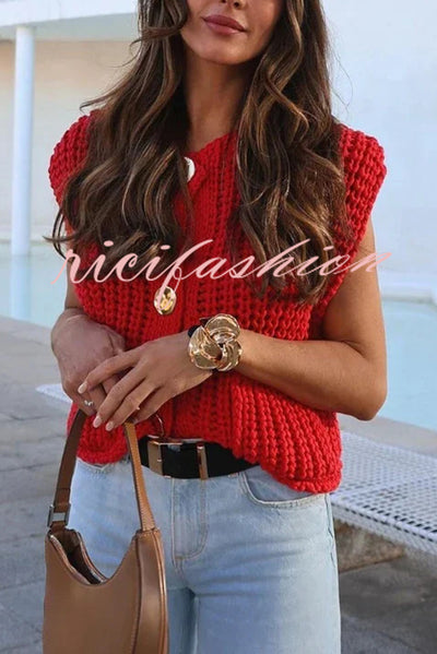 Solid Color Sleeveless Pocket Knitted Vest