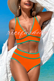 Solid Color Contrast High Waist Stretch Bikini Swimsuit