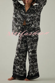 Unique Printed Lounge Long-sleeved Shirt and Elastic Waisted Baggy Pants Set