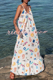 Marisol Linen Blend Unique Print A-line Slip Loose Maxi Dress