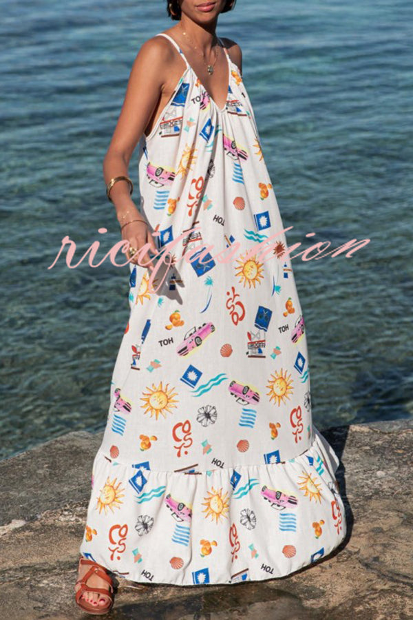 Marisol Linen Blend Unique Print A-line Slip Loose Maxi Dress