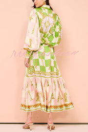 Garden Party Satin Unique Print Balloon Sleeve Belted Shirt Maxi Dress