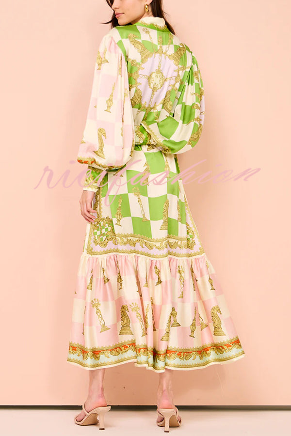 Garden Party Satin Unique Print Balloon Sleeve Belted Shirt Maxi Dress