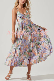 Wedding Party Season Floral Print Pleated Back Tie-up Midi Dress