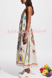 Miami Happy Hour Linen Blend Unique Print Smocked Back Pocketed Midi Dress