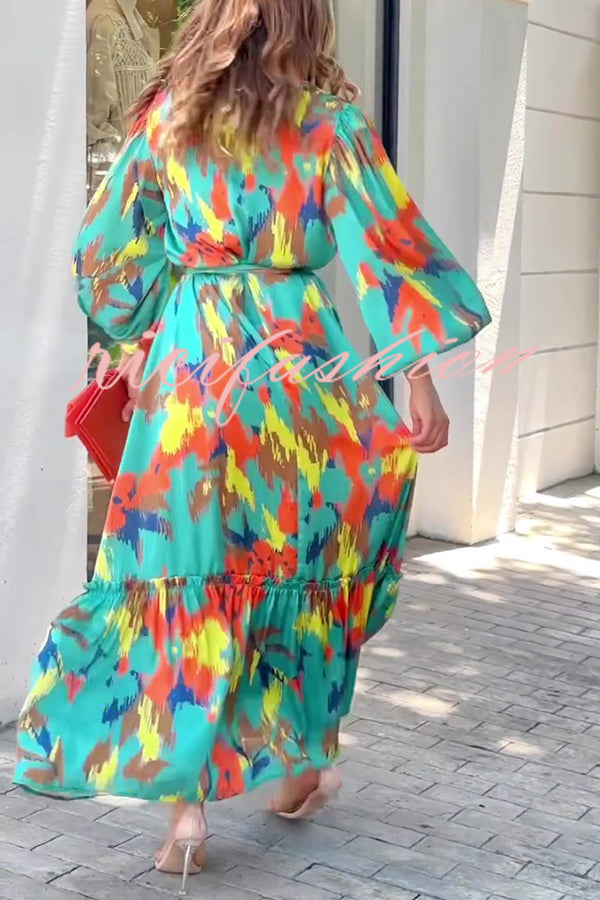 Multicolor Printed Lapel Balloon Sleeves Tie-waist Maxi Dress