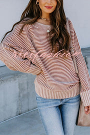 Knitted Striped Round Neck Dolman Sleeve Casual Loose Sweater