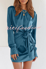 Satin Round Neck Long Sleeve Elastic Tie Mini Dress