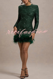 Party Must-have Sequin Long Sleeve Feather Trim Stretch Mini Dress