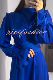 Solid Color Ruffled Sleeves Waisted Tie Slim Fit Maxi Dress