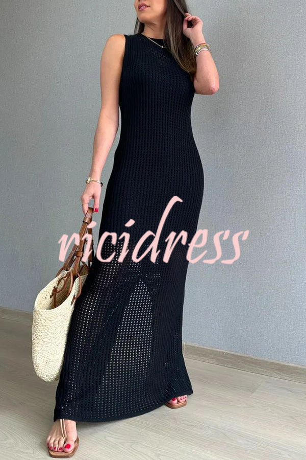 Elegant Knitted Round Neck Paneled Cutout Bodycon Maxi Dress