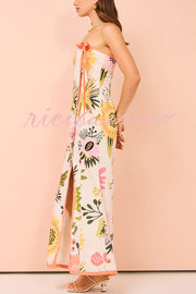 Inessa Linen Blend Floral Print Strapless Wrap Bow Maxi Dress