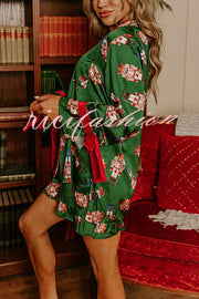 Christmas Dreaming Satin Nutcrackers Print Velvet Trim Elastic Waist Pocketed Pajama Shorts Set