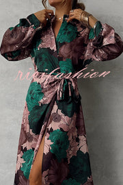 Floral Print Lapel Waisted Lace-up Long-sleeve Maxi Dress