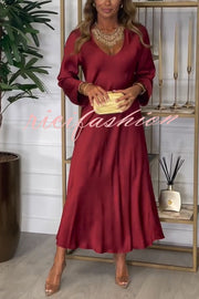 Solid Color V-neck Long-sleeved Loose Draped Maxi Dress