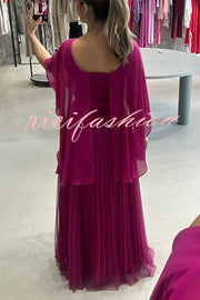 Ready for Holiday Cape Sleeve Tie-up Pleated Maxi Dress